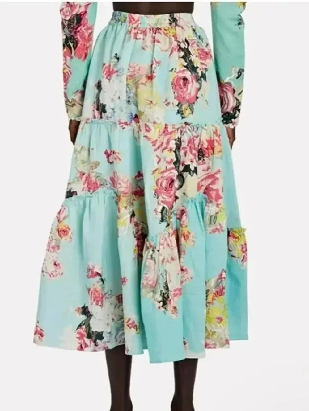 HEMANT & NANDITA SAGE Midi SKIRT Floral w/ embroidery tiered ruffle turquoise LG